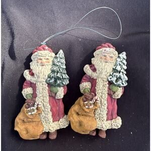 2 Vintage June McKenna Santa Hand Painted Christmas Ornaments 1980s -S75